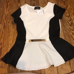 Black And White Peplum Top With Gold Belt